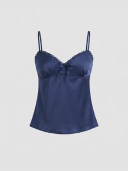 Cider - Sweetheart Women's Lace Trim Knotted Cami Top Dark denim