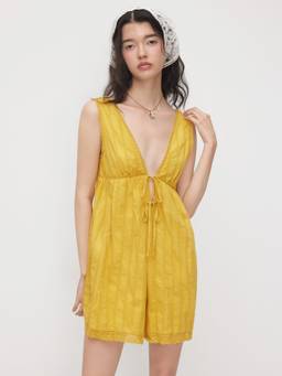 Cider - Cotton Women's Lace Trim Tie-Front Babydoll Yellow