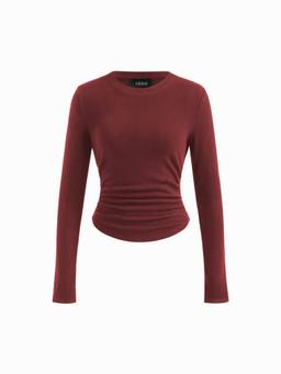 Cider - Cotton-Blend Women's Slim Ruched Round Neck Thermal Top Wine