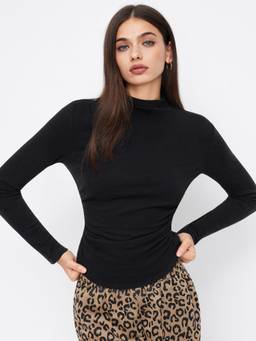 Cider - Thermal Cotton-Blend Women's Ruched High Neck Thermal Top Black