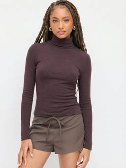 Cider - Thermal Cotton-blend Women's Regular Fit Turtle Neck Thermal Top Brown