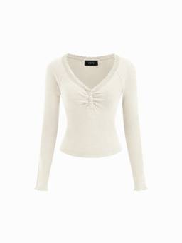 Cider - Thermal Cotton-Blend Women's V-Neck Lace Trim Thermal Top Beige
