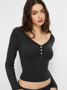 Cider - Thermal Cotton-Blend Women's Ruched V-Neck Thermal Top Black