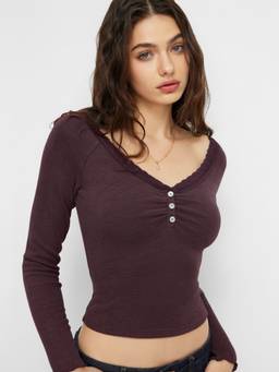 Cider - Thermal Cotton-Blend Women's Ruched V-Neck Thermal Top Coffee