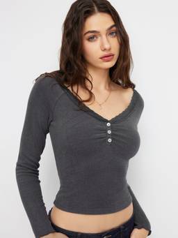 Cider - Thermal Cotton-Blend Women's Ruched V-Neck Thermal Top Grey