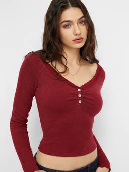Cider - Thermal Cotton Blend Women's Lace Trim V-Neck Thermal Top Red