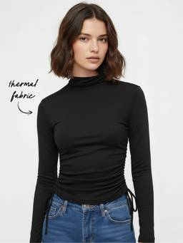 Cider - Cotton-Blend Women's Ruched Drawstring High Neck Thermal Top Black