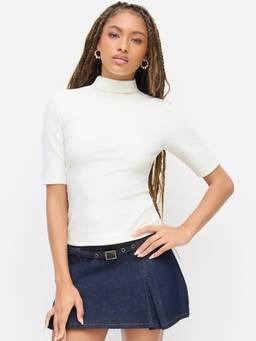 Cider - Cotton-Blend Women's Regular Fit Stand Collar Thermal Top White