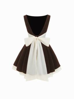 Cider - Two Tone Women's Boat Neck Tie Back Velvet Babydoll Brown