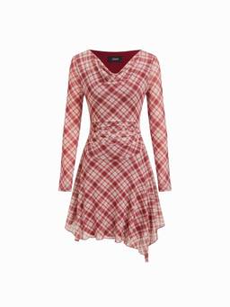 Cider - Jersey Plaid Women Ruched Ruffle Hem Babydoll Pink