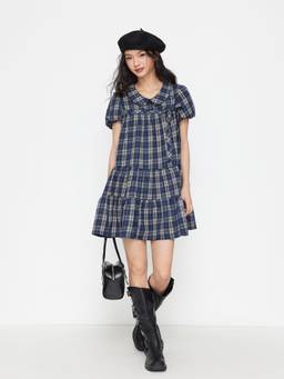 Cider - Plaid Peter Pan Women's Puff Sleeve Oversized Babydoll Blue