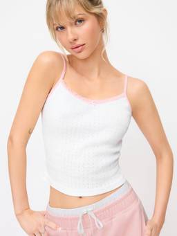 Cider - Pointelle Cotton Women’s Two Tone Scoop Neck Cami Top White