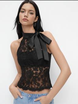 Cider - Cotton Blend Women Lace Halter Bowknot Bodysuit Set Black