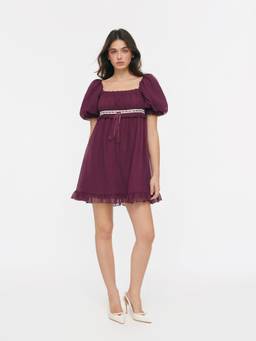 Cider - Chiffon Women's Square Neck Ruffled Puff Sleeve Babydoll Berry