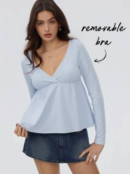 Cider - Cotton Blend Women Lace Trim V-Neck Babydoll Light Blue