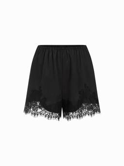 Cider - Satin Lace Trim Women Mid-Waist Solid Shorts Charcoal