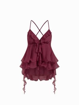 Cider - Chiffon V-Neck Women's Ruffle Hem Babydoll Berry
