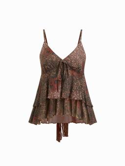Cider - Leopard Print Women's V-Neck Ruffled Tiered Cami Top Brown