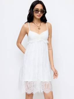Cider - Lace Panel Women's Ruched Cami Babydoll White