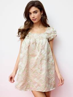 Cider - Floral Embroidery Women Puff Sleeve Tie-Back Babydoll Pink