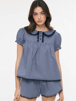 Cider - Gingham Women's Lace Trim Peter Pan Collar Pajama Set Navy Blue