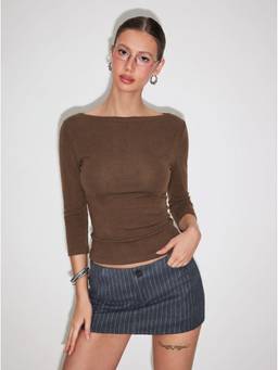 Cider - Cotton-Blend Women's Regular Fit Boat Neck Thermal Top Coffee