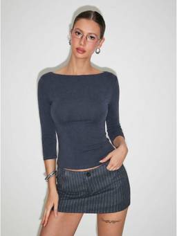 Cider - Cotton Blend Women's Regular Fit Boat Neck Thermal Top Navy Blue