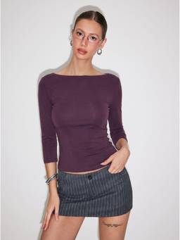 Cider - Cotton Blend Women's Regular Fit Boat Neck Thermal Top Purple