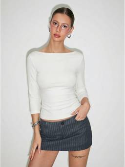 Cider - Cotton-Blend Women's Regular Fit Boat Neck Thermal Top White