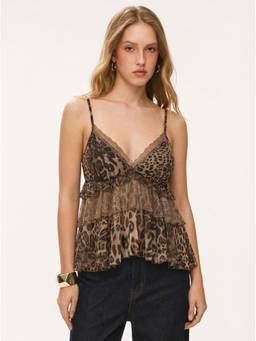 Cider - Chiffon Leopard Women Lace Trim V-Neck Cami Top Coffee