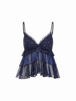 Cider - Chiffon Leopard Women's Lace Trim V-Neck Cami Top Dark Navy