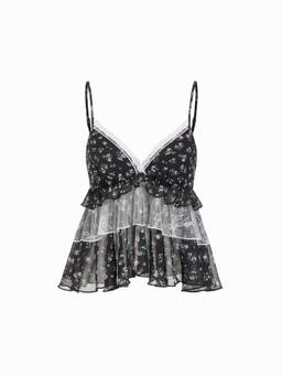Cider - Chiffon Leopard Women’s Lace Trim V-Neck Cami / Tops Black