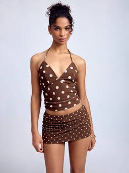 Cider - Polka Dot Women Ruched Halter Skirt Set Burgundy