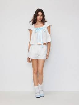 Cider - Cotton Women's Square Neck Puff Sleeve Pajama Set White