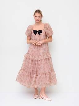 Cider - Floral Square Neck Puff Sleeve Bow Babydoll Peach Pink