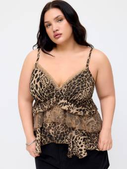 Cider - Chiffon Leopard Women's Lace Trim V-Neck Cami / Tops Brown
