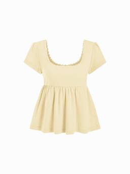 Cider - Cotton Blend Women Lace Trim Scoop Neck Babydoll Light Yellow