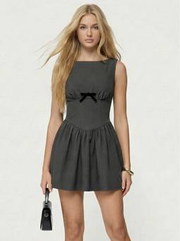 Cider - Bowknot Women's Sleeveless Round Neck Babydoll Dark Grey