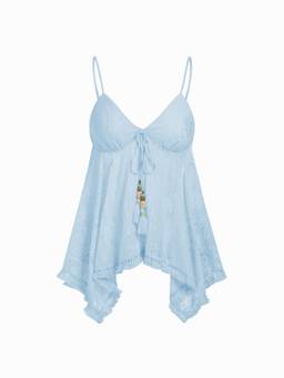 Cider - Jacquard Sweetheart Women's Tie-Front Hanky Hem Cami Top Blue