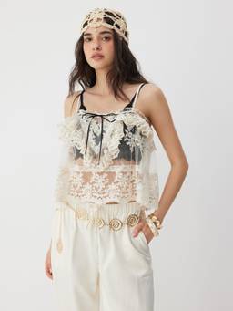 Cider - Cotton Blend Women Lace Ruffle Sheer Crop Cami Top Ivory