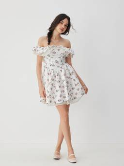 Cider - Floral Off-Shoulder Ruffle Lace Babydoll White