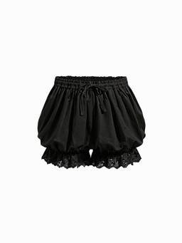 Cider - Lace Trim Women's Mid-Waist Bubble Hem Bloomer Shorts Black