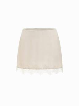 Cider - Satin Lace Trim Women Low Waist A-Line Shorts Beige