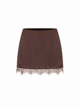 Cider - Satin Lace Trim Women Low Waist A-Line Shorts Brown