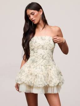 Cider - Lace Floral Applique Women Strapless Babydoll Blue
