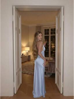 Cider - Satin Lace Panel Women’s V-Neck Maxi Nightdress Blue