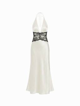 Cider - Satin Lace Panel Women V-Neck Maxi Nightdress White