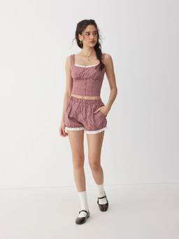 Cider - Cotton Women's Lace Trim Square Neck Pajama Set Red