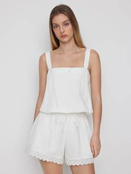 Cider - Cotton Square Neck Women's Lace Trim Drawstring Romper White