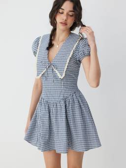 Cider - Cotton Gingham Women's Puff Sleeve Asymmetrical Babydoll Blue